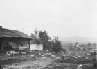 Schafherde vor einem sogenannten Waldlerhaus und der gleichfalls schindelgedeckten Kapelle St. Peter aus dem Jahr 1770 in Lindberg im Landkreis Regen, aufgenommen um 1910.