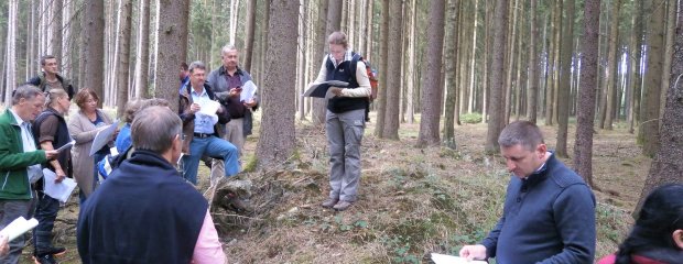 Ehrenamtliche bei einer Begehung im Wald mit dem Bayerischen Landesamt für Denkmalpflege