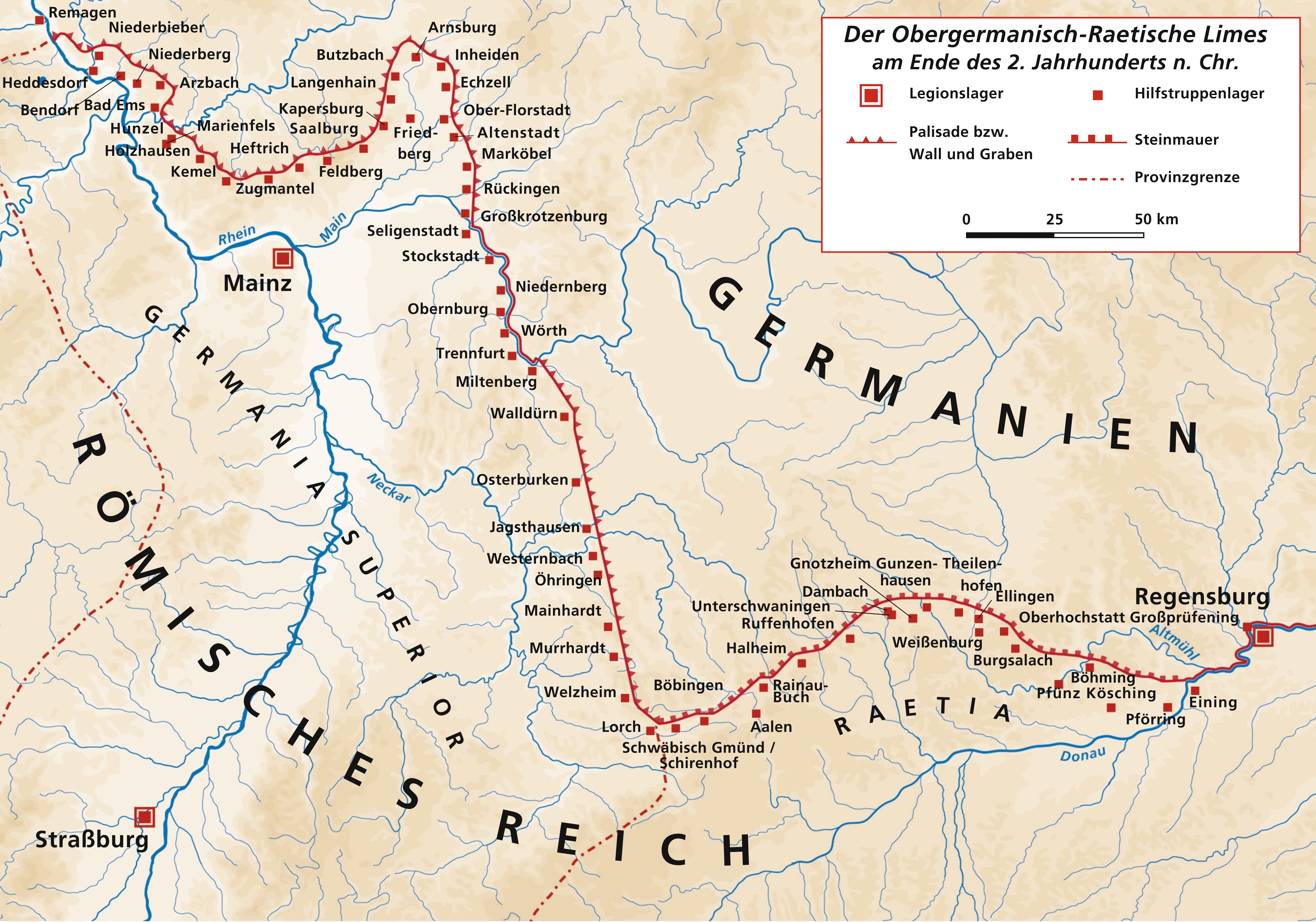Karte mit Verlauf des Obergermanisch-Raetischen Limes d Karte mit Verlauf des Obergermanisch-Raetischen Limes d
